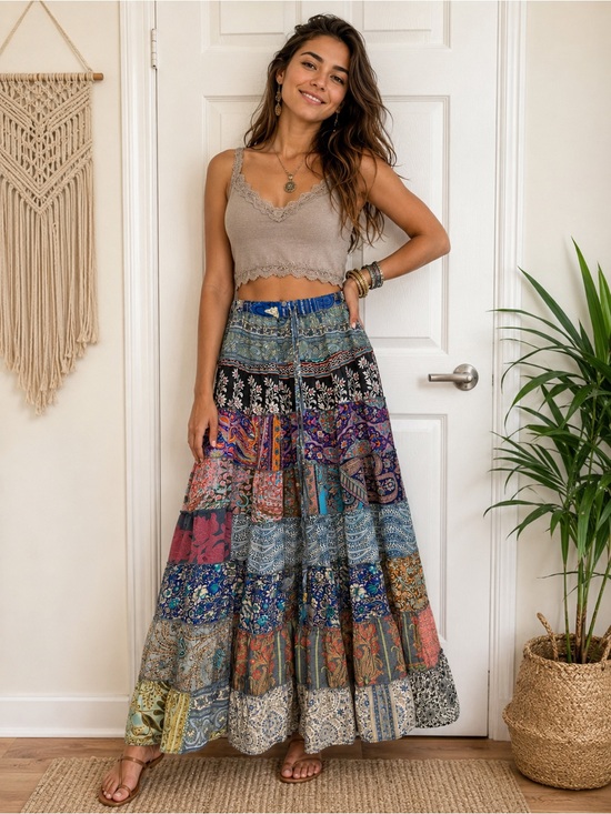 Karma Highway Dresses & Skirts - Karma Highway One Size Patchwork Boho Maxi Skirt Festival Hippie